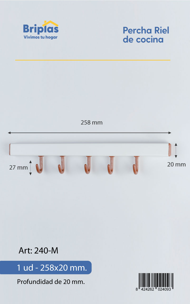 Percha Riel de Cocina 5 Ganchos. REF. 240-M - Imagen 3